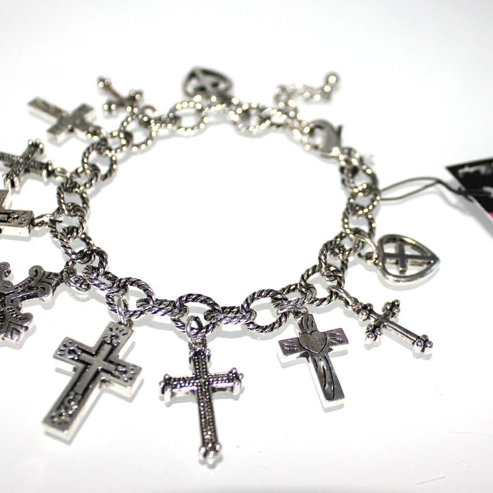 BFA Womens Girls Multi Ornate 11 Cross Charms Link Silver Heart Love Bracelet - Picture 6 of 13